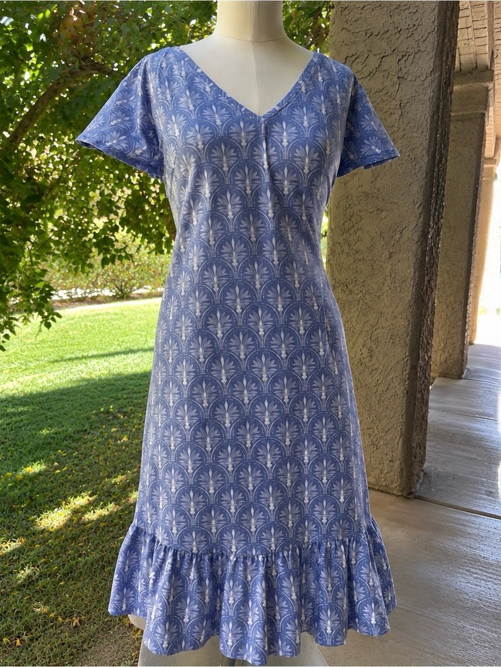 Blue Printed V-Neck Ruffle Hem Women's Dress